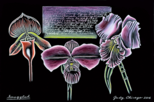 Judy Chicago, Smuggled, from The End: A Meditation on Death and Extinction, 2016; Kiln-fired glass paint on black glass, 12 x 18 in.; Courtesy of the artist; Salon 94, New York; and Jessica Silverman Gallery, San Francisco; © Judy Chicago/Artists Rights Society (ARS), New York; Photo © Donald Woodman/ARS, NY